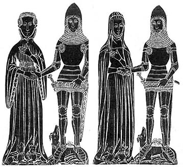 Sir Robert de Freville and his wife Clarissa, on the left, and their son Sir Thomas de Freville and his wife Margaret, on the right